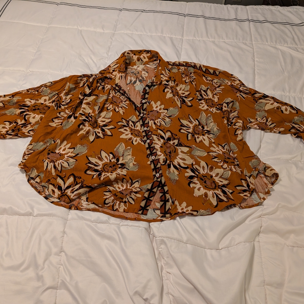 Free People Good Vibrations Printed Blouse (S, Light Combo (Orange)) - Picture 2 of 7